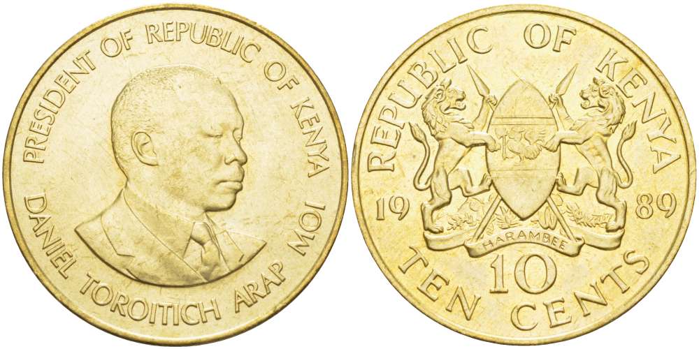Кения 10 центов 1989 Дэниэл арап Мои KM 18 никель латунь UNC 4512-245