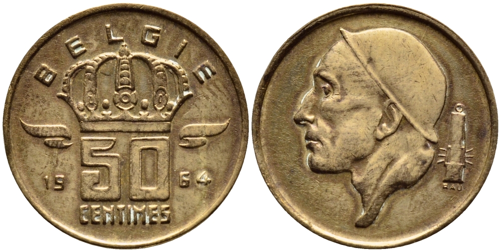 БЕЛЬГИЯ 50 САНТИМОВ 1964 BELGIE KM 149.1 бронза 4392-835