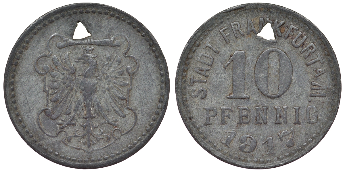 Германия, Франкфурт-на-Майне 10 пфеннигов 1917 Гессен, нотгельд Funck 136.1A цинк 4119-943