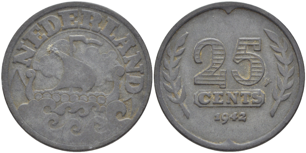 НИДЕРЛАНДЫ 25 ЦЕНТОВ 1942 KM 174 цинк 83-227