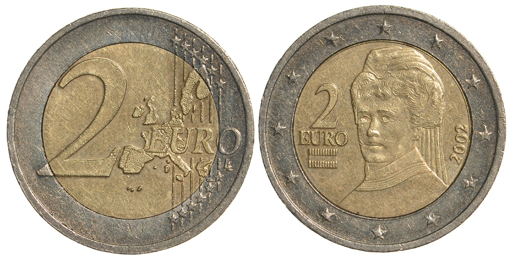 Австрия 2 евро 2002 Берта фон Зутнер KM 3089 биметалл 76-726