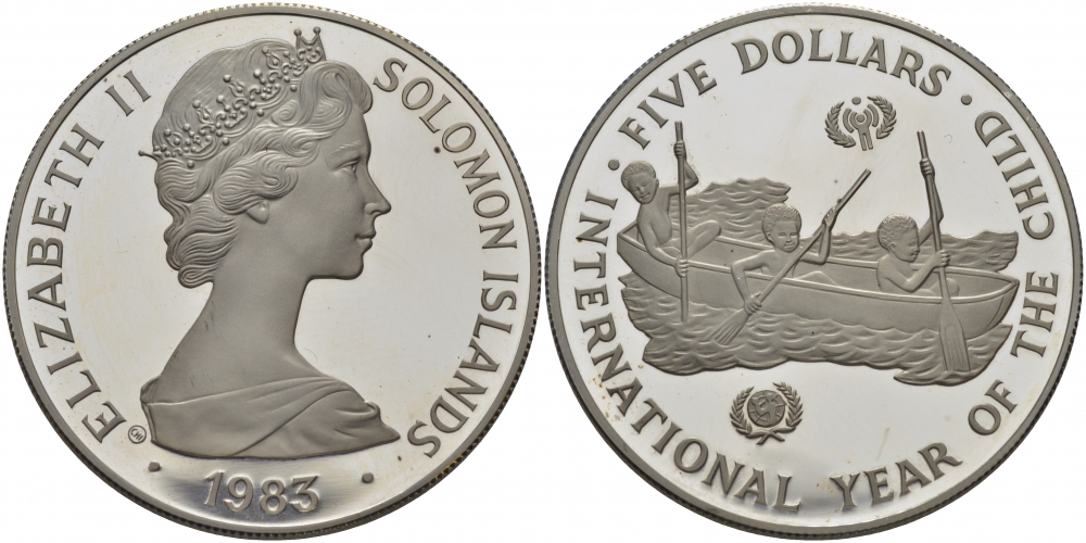 Соломоновы острова 5 долларов 1983 Международный год детей, тираж 5775 экземпляров KM 16 серебро PROOF 1077-3-61
