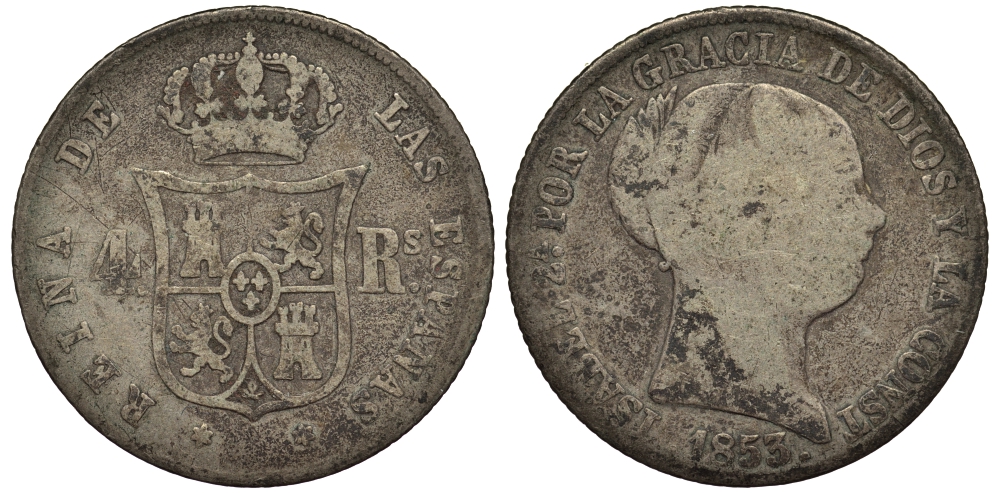 ИСПАНИЯ 4 РЕАЛА 1853 ИЗАБЕЛЛА KM 600.2 серебро 1521-1625