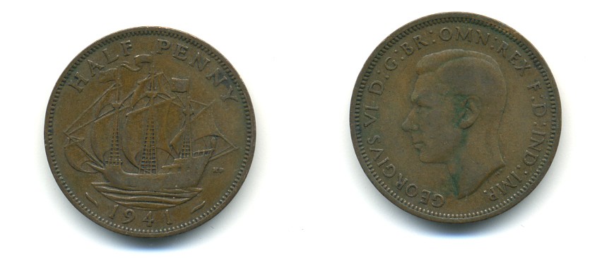 Великобритания 1/2 пенни 1941 Георг VI (1936-1952) KM 844, Spink 4115 бронза 80-1015