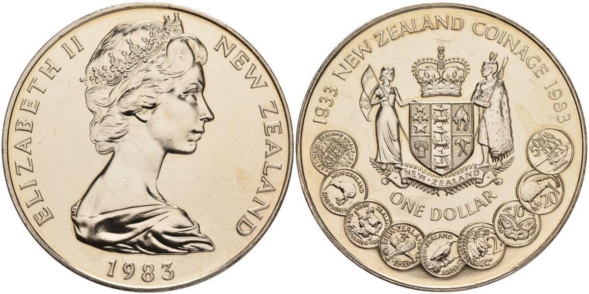 Новая Зеландия 1 доллар 1983 50 лет чеканки национальных монет, Елизавета II (1952-2022) KM 53 медно-никель UNC 00-00