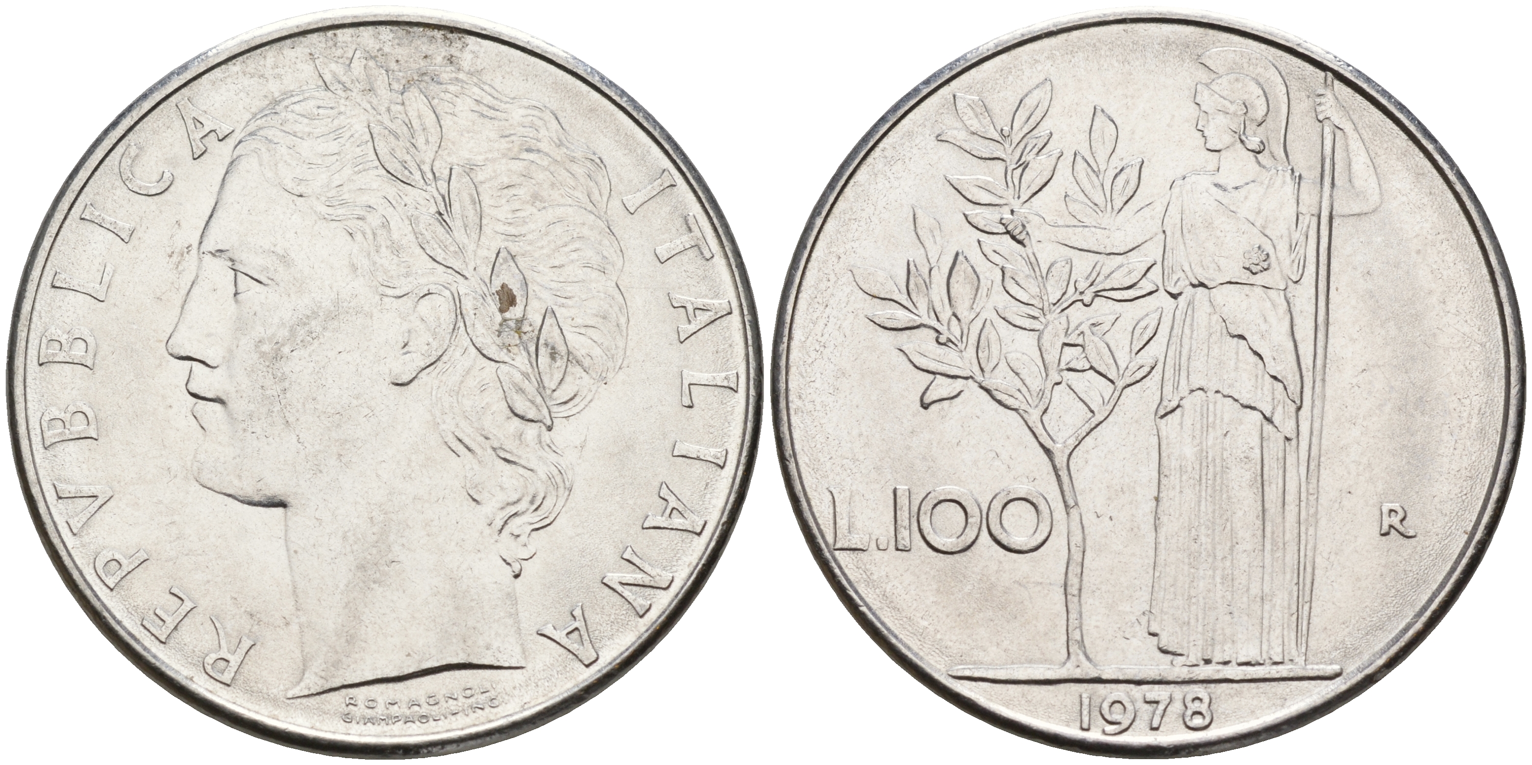 Италия 100 лир 1978 R, Афина в доспехах KM 96.1 сталь    4599-1123