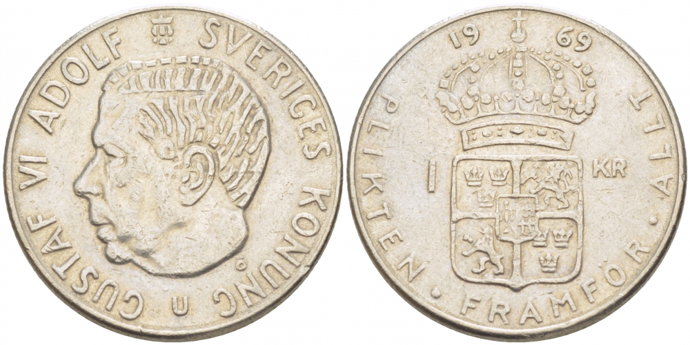 Швеция 1 крона 1969 Густав VI Адольф (1950-1973) KM 826a медь плакированная медно-никелем 3718-623