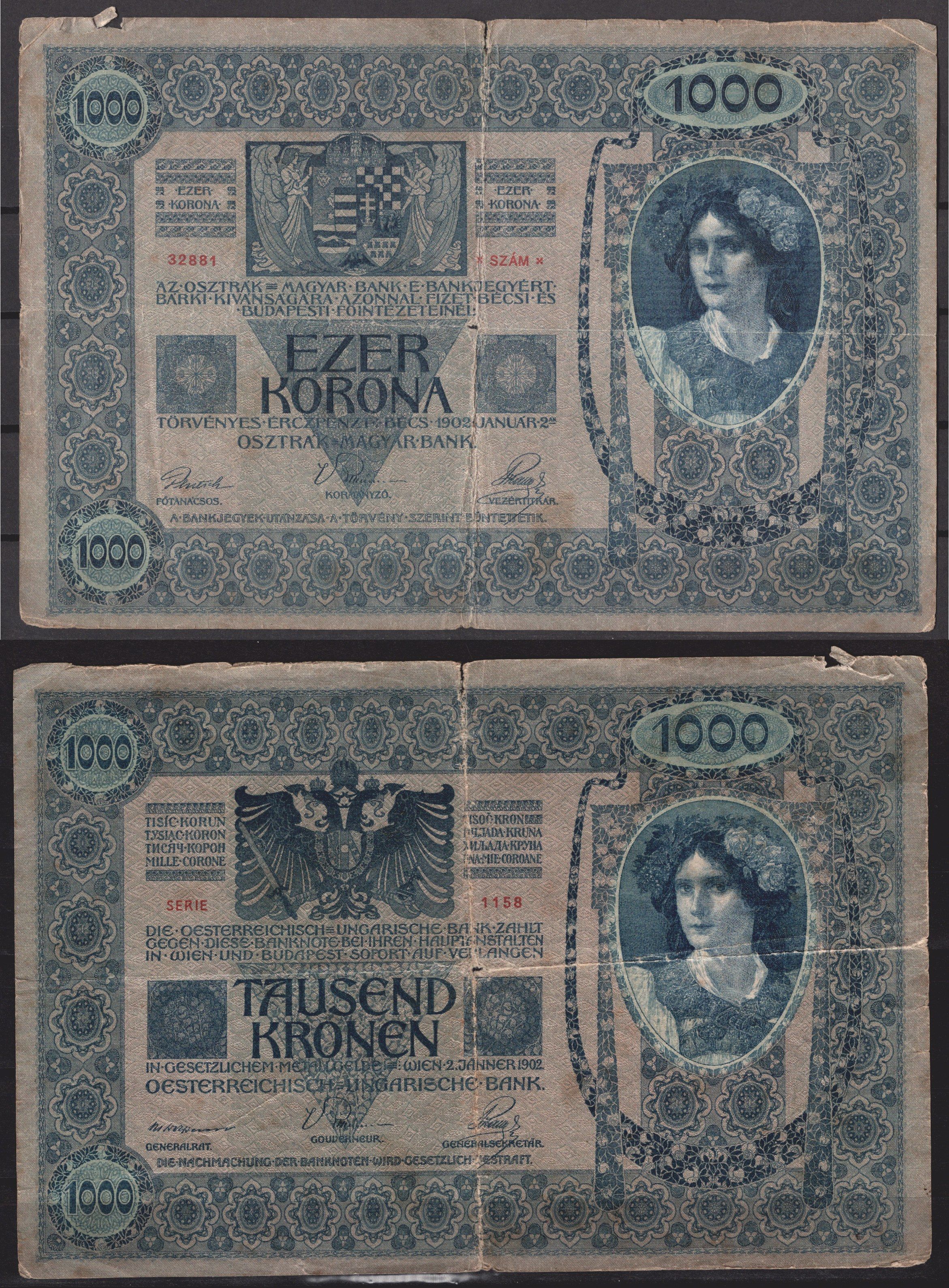 Австрия 1000 крон 1902 Женщина, австрийское знаме, с печатью Pick 8 бумага 7547-20-2-1