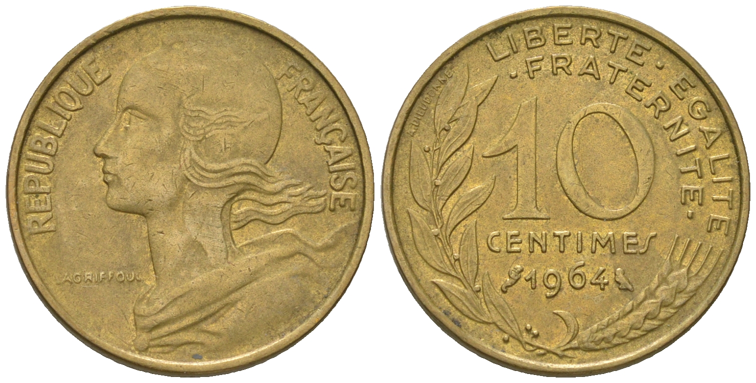 Франция 10 сантимов 1964 тип Marianne KM 929 медь алюминий никель 3458-1112