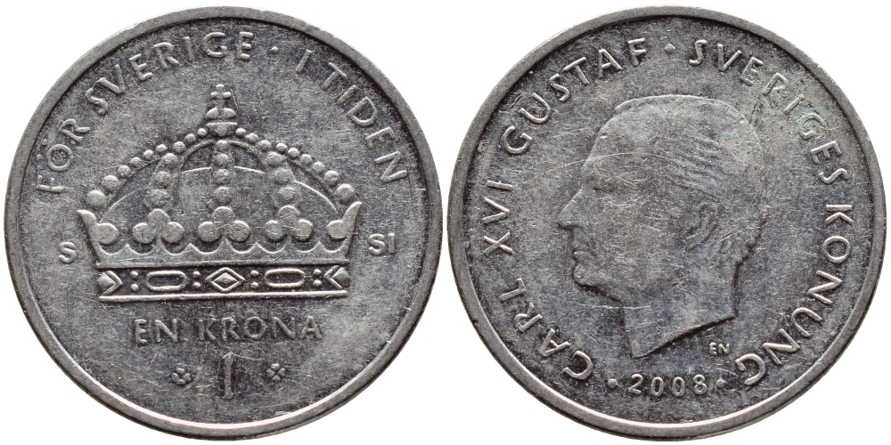 Швеция 1 крона 2008 Карл XVI Густав (1973- ) KM 894 медно-никель 259-126