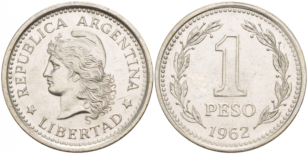 Аргентина 1 песо 1962 голова свободы влево KM 57 сталь плакированная никелем 4548-343