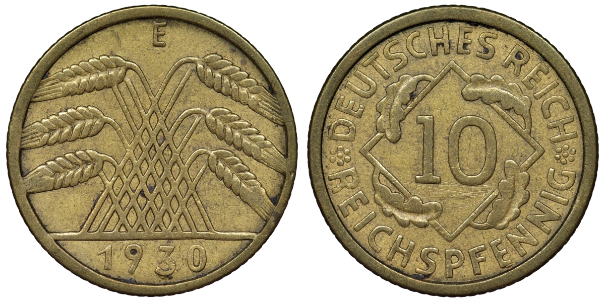 Германия 10 рейхспфеннигов 1930 E KM 40, J. 317 алюминиевая бронза 4121-926