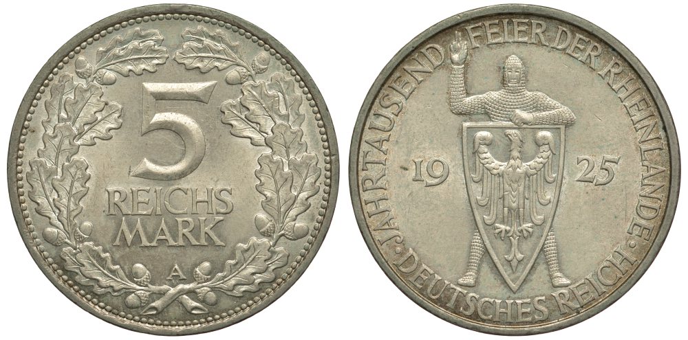 Германия 5 марок 1925 A, 1000 летие Рейнланда Weege 25, J. 322, KM 46 серебро UNC 00-821-73