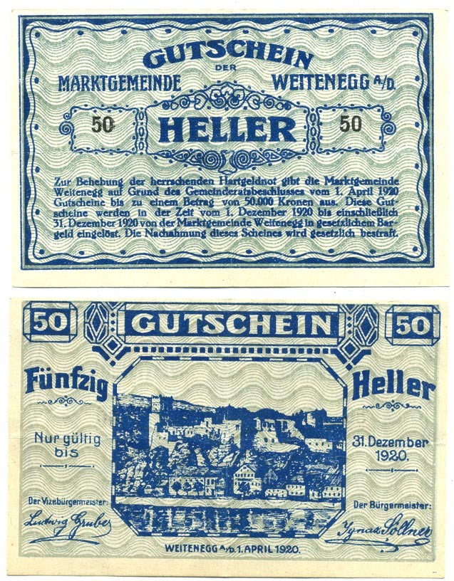 АВСТРИЯ 50 ГЕЛЛЕРОВ 1920 НОТГЕЛЬД бумага 6312-1-1-2