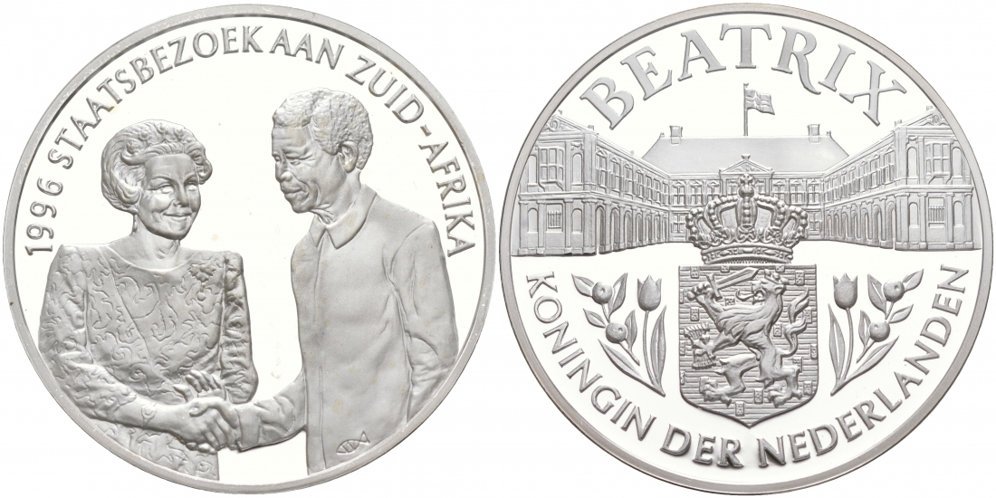 Нидерланды медаль ND королева Беатрикс, 1996 год государственный визит в ЮАР, диаметр 38,5 мм., вес 22,12 гр. серебро PROOF 11-036-43