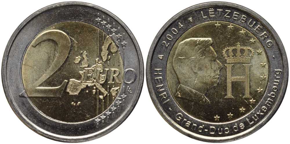 Люксембург 2 евро 2004 Портрет и монограмма герцога Люксембурга Анри Нассау KM 85 биметалл UNC 115-1244