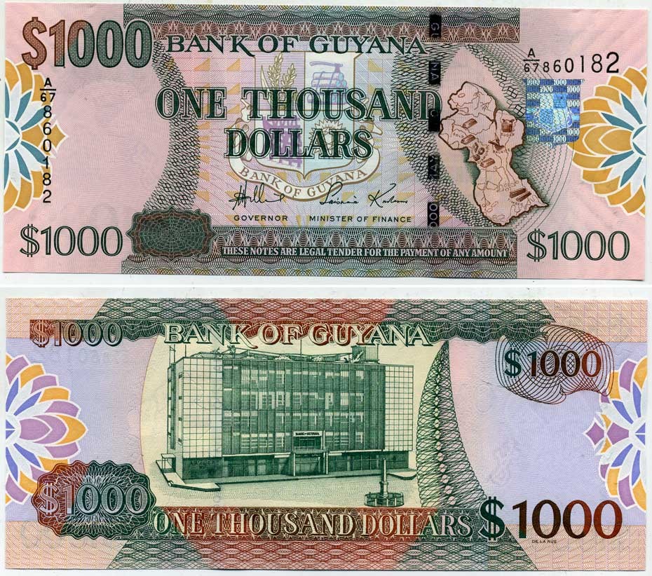 Гайана 1000 долларов ND (2005-2009) здание Банка Гайаны Pick 39 а бумага UNC (пресс) 445-47-1