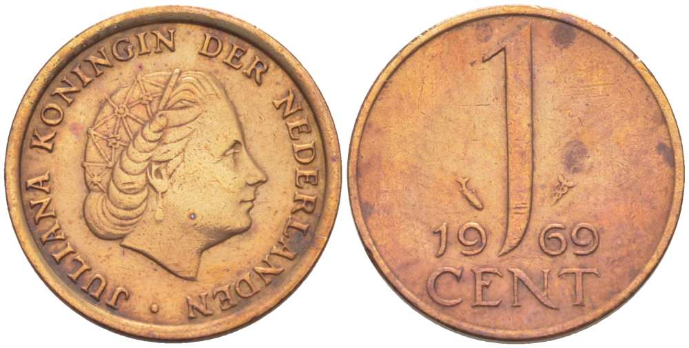 НИДЕРЛАНДЫ 1 ЦЕНТ 1969 ЮЛИАНА (1948-1980) KM 180 бронза 3309-338