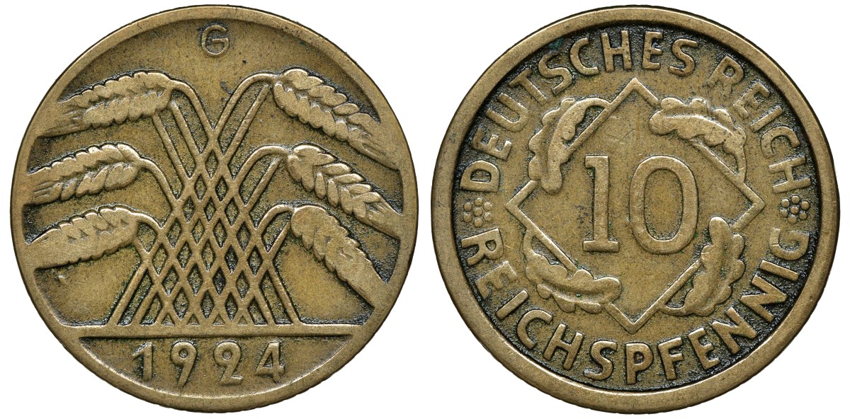 ГЕРМАНИЯ 10 РЕЙХСПФЕННИГОВ 1924 G KM 40, J. 317, Weege 9 алюминиевая бронза 72-1542
