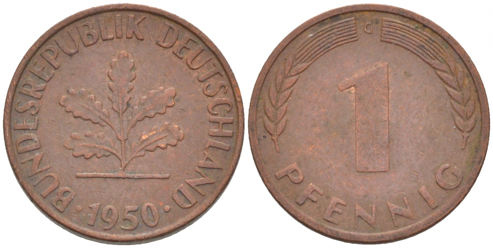 ФРГ 1 ПФЕННИГ 1950 G KM 105, J.380 сталь плакированная медью 112-925