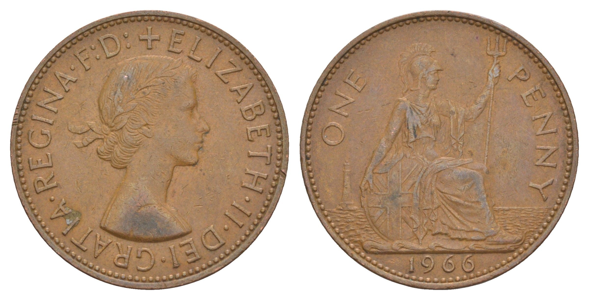 Великобритания 1 пенни 1966 Елизавета II (1952-2022) KM 897, Spink 4157 бронза 4634-931