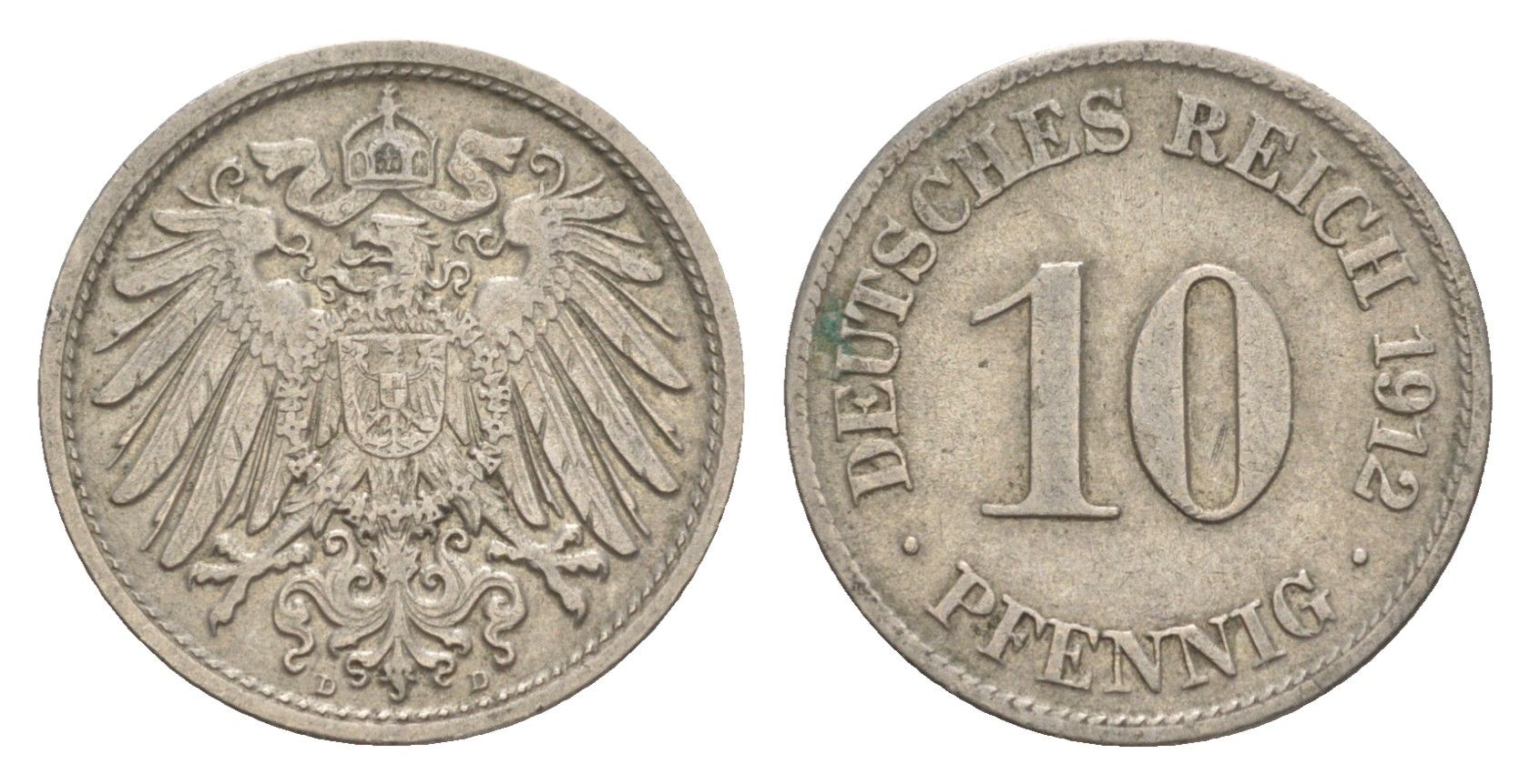 Германия 10 пфеннигов 1912 D, Вильгельм II (1888-1918) KM 12, J. 13 медно-никель 4640-323