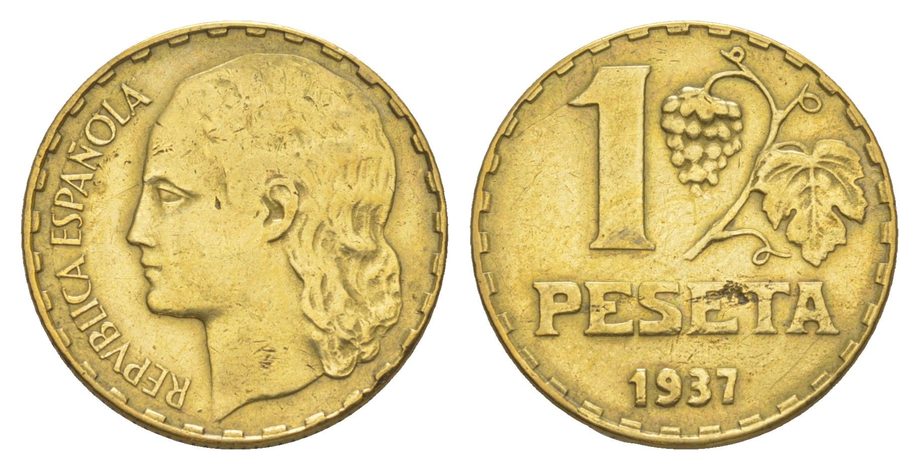 Испания 1 песета 1937 KM 755 латунь 4538-332