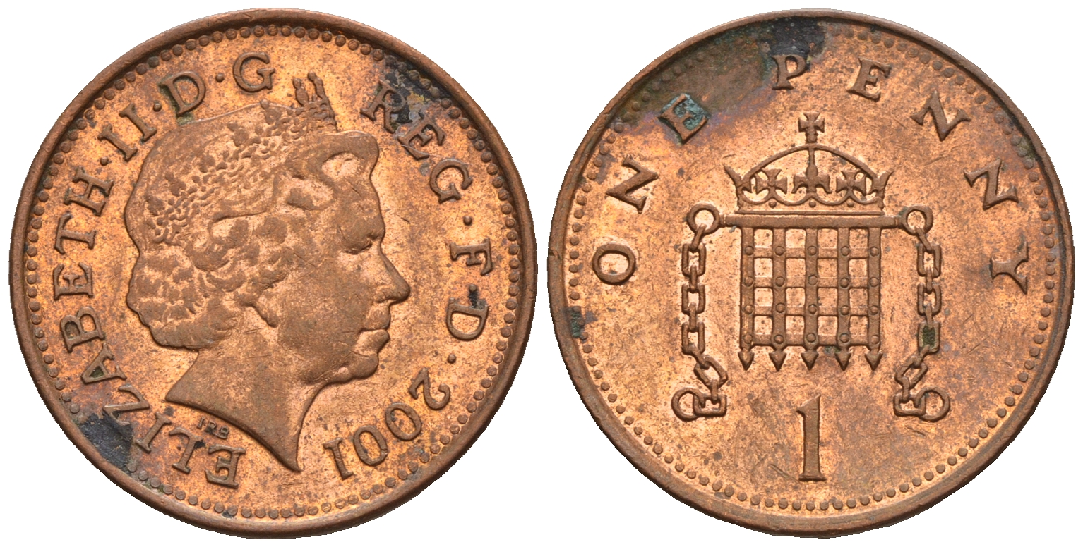 Великобритания 1 пенни 2001 Елизавета II (1952-2022) KM 986, Spink 4710 (B5) сталь плакированная медью 4609-561