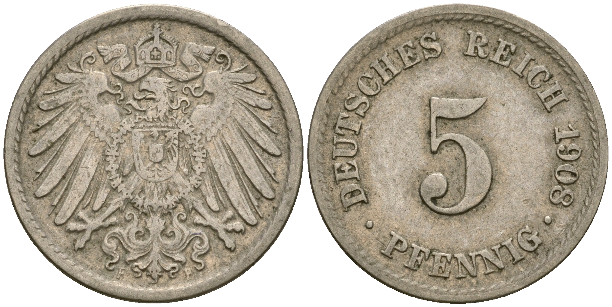 Германия 5 пфеннигов 1908 D KM 11, Jager 12, Weege 6 медно-никель 4364-4556