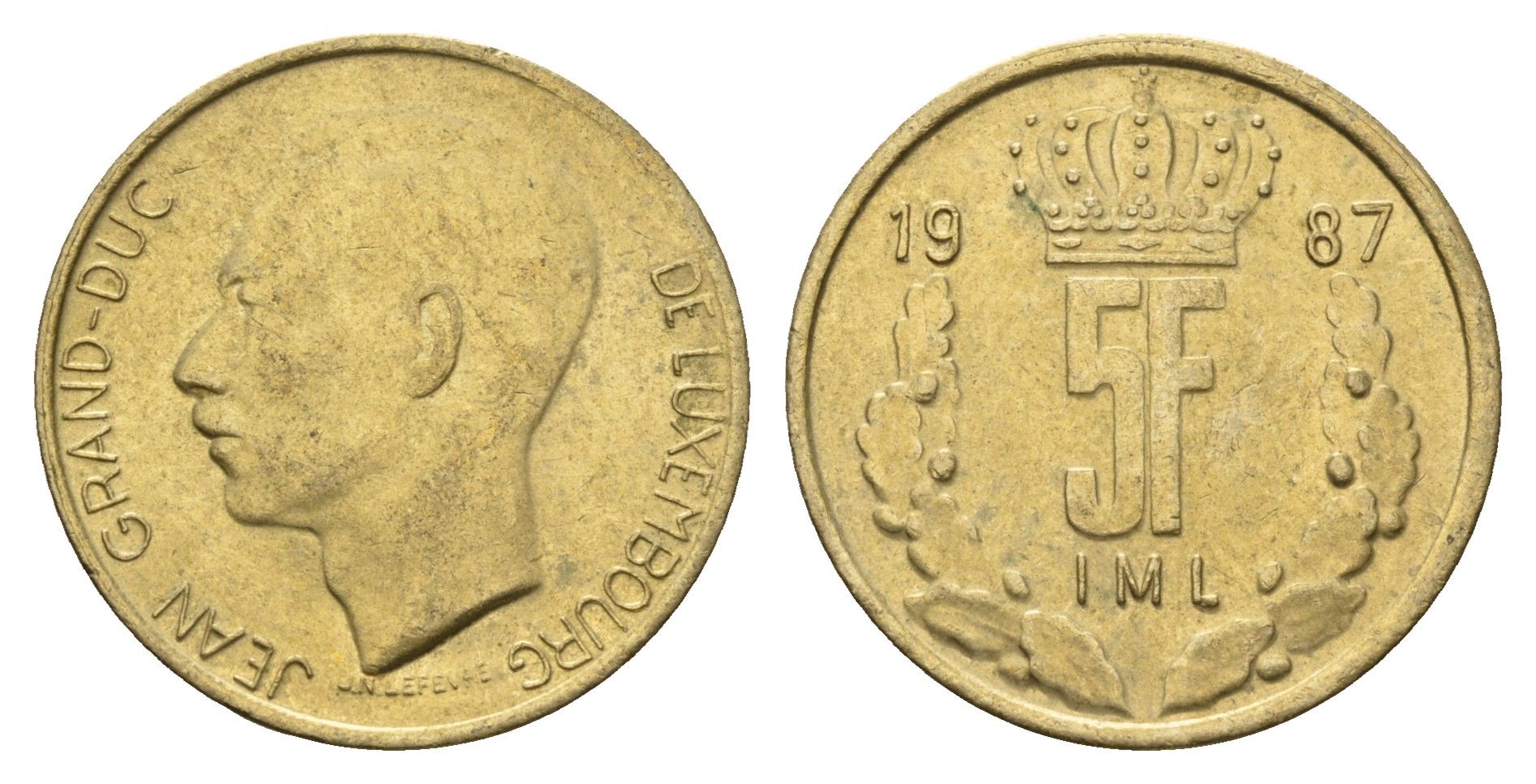 Люксембург 5 франков 1987 Великий герцог Жан (1964-1999) KM 60 алюминиевая бронза 4673-1232