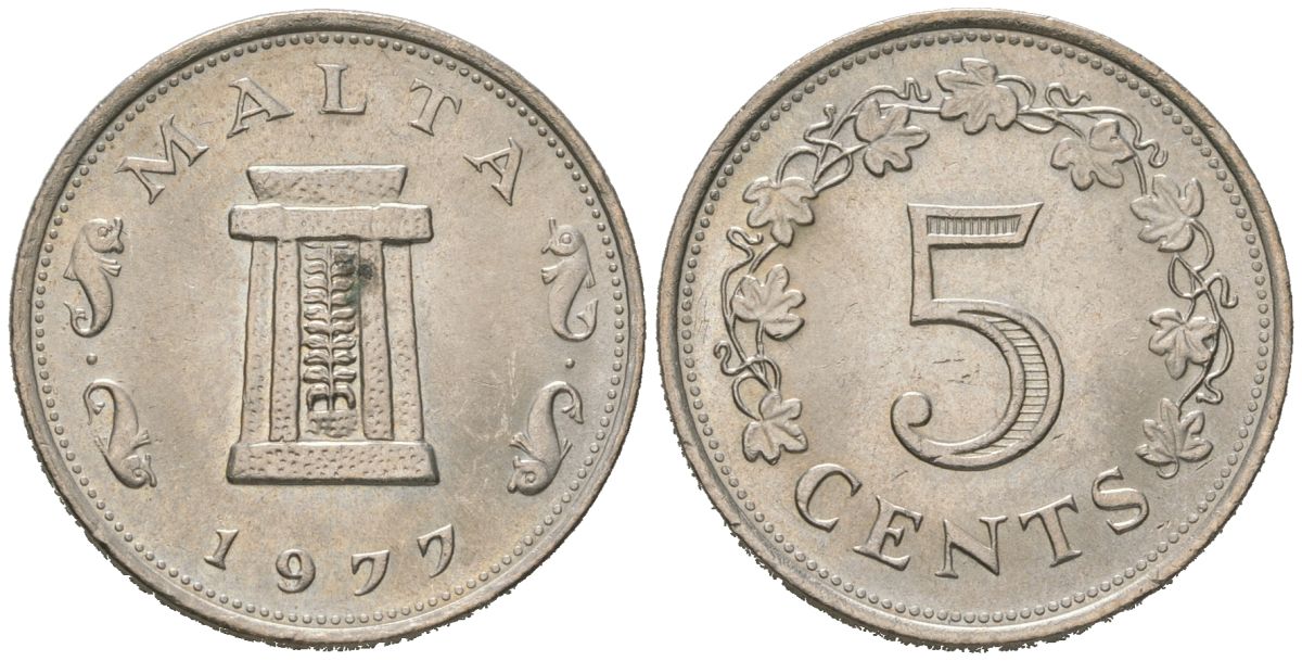 Мальта 5 центов 1977 Ритуальный алтарь в храме Хаджар-Ким KM 10 медно-никель aUNC 4511-135