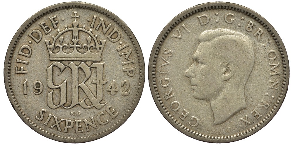 Великобритания 6 пенсов 1942 Георг VI (1936-1952) KM 852, Spink 4084 серебро 4538-447
