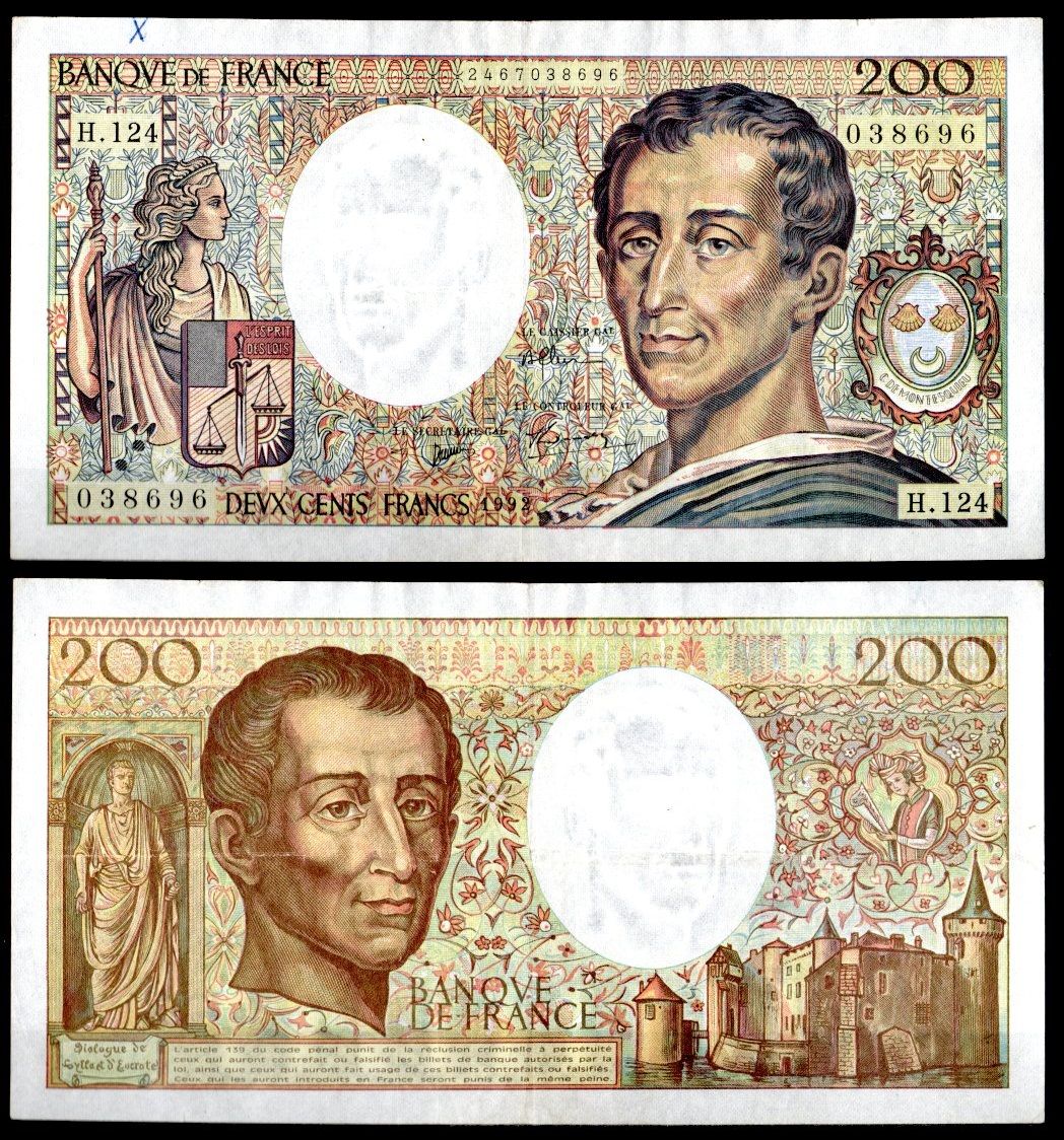 Франция 200 франков 1992 Pick 155 e бумага 7198-13-1-1