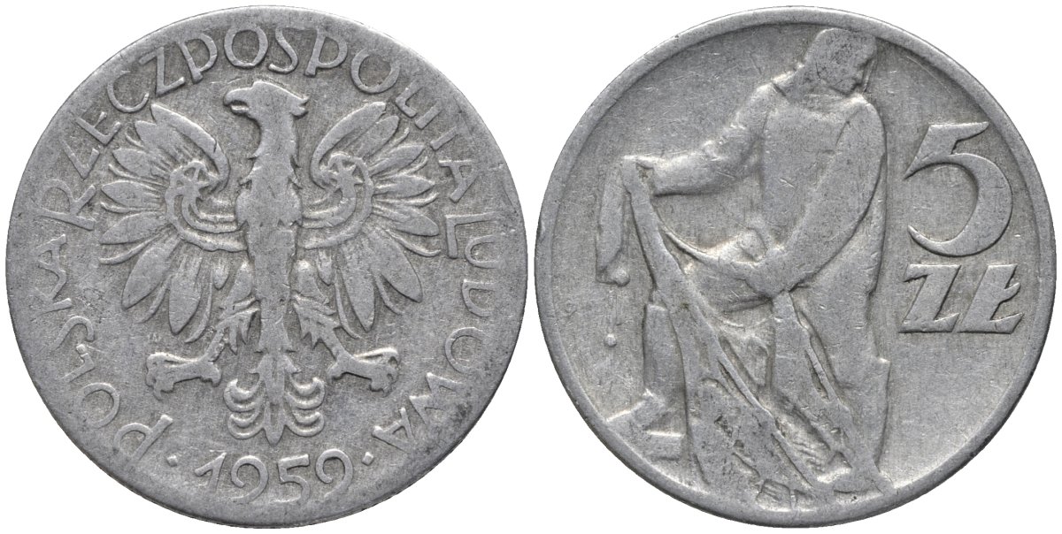 Польша 5 злотых 1959 MW, рыбак KM 47 алюминий 81-723