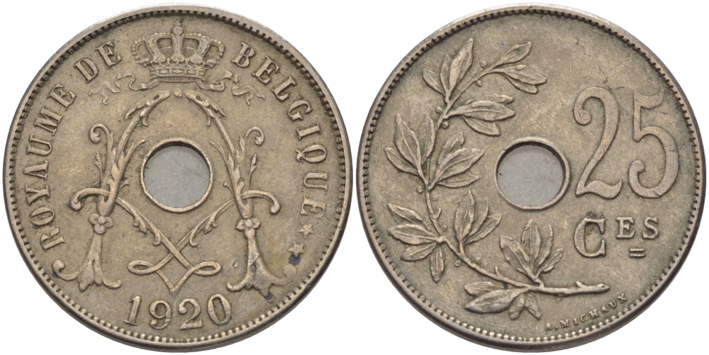 БЕЛЬГИЯ 25 САНТИМОВ 1920 BELGIQUE KM 68.1 медно-никель 28-242