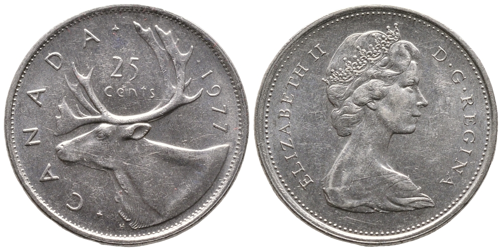Канада 25 центов 1977 Елизавета II (1952-2022), олень карибу KM 62b никель 4364-145