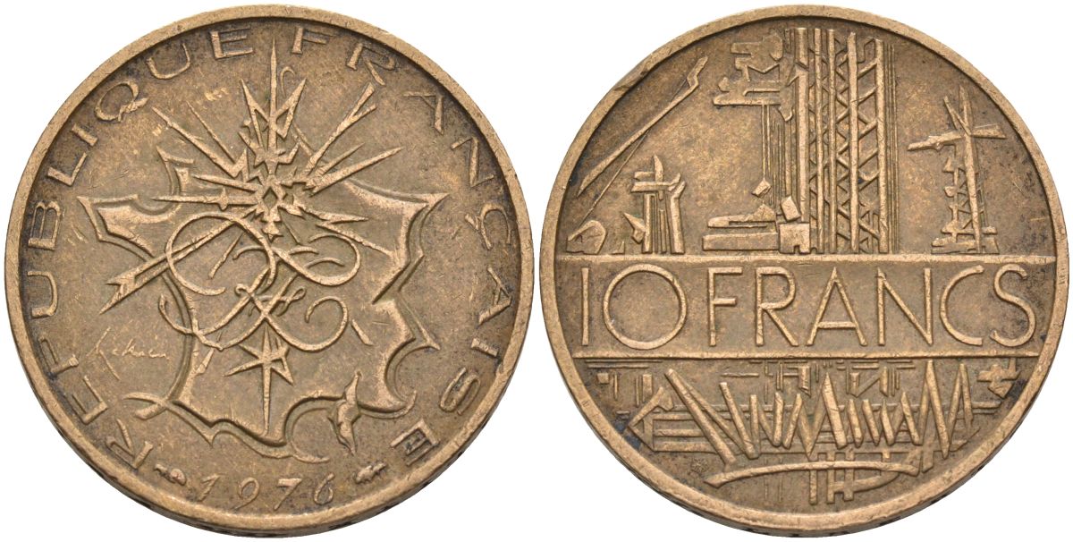 Франция 10 франков 1976 тип Матье KM 940, Le Franc 365.7-8 никель латунь 4593-544