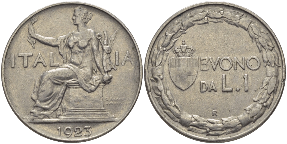 ИТАЛИЯ 1 ЛИРА 1923 R, ВИКТОР ИМАНУИЛ III KM 62 никель 97-1022