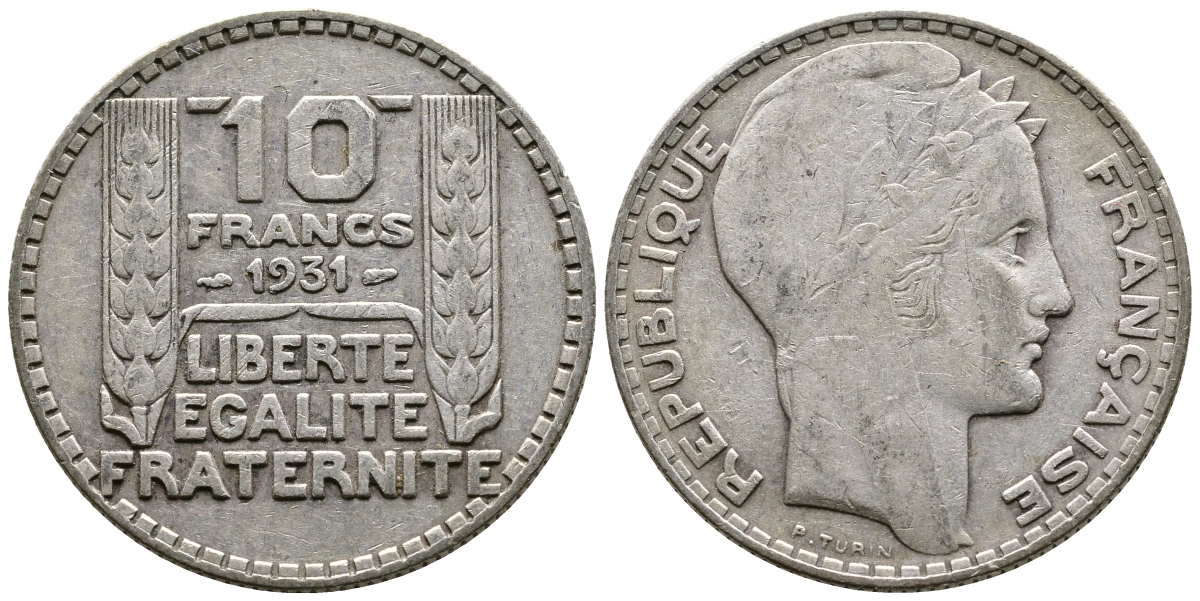 Франция 10 франков 1934 Пьер Тюрен KM 878, Le Franc 360.7 серебро 177-953
