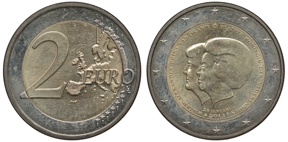 НИДЕРЛАНДЫ 2 ЕВРО 2013 КОРОНАЦИЯ КОРОЛЯ ВИЛЛЕМА-АЛЕКСАНДРА KM 332 биметалл 110-1055