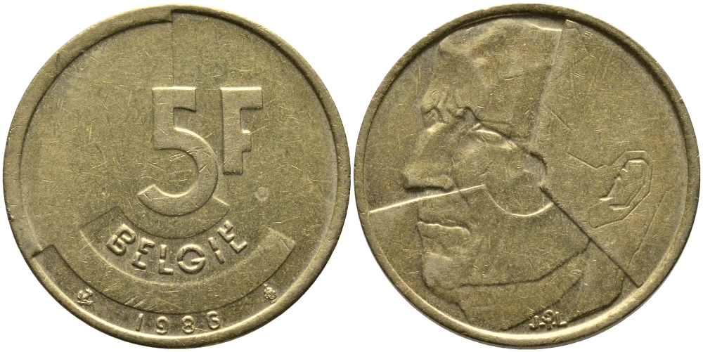 БЕЛЬГИЯ 5 ФРАНКОВ 1986 BELGIE KM 164 латунь или алюминиевая бронза 65-1144