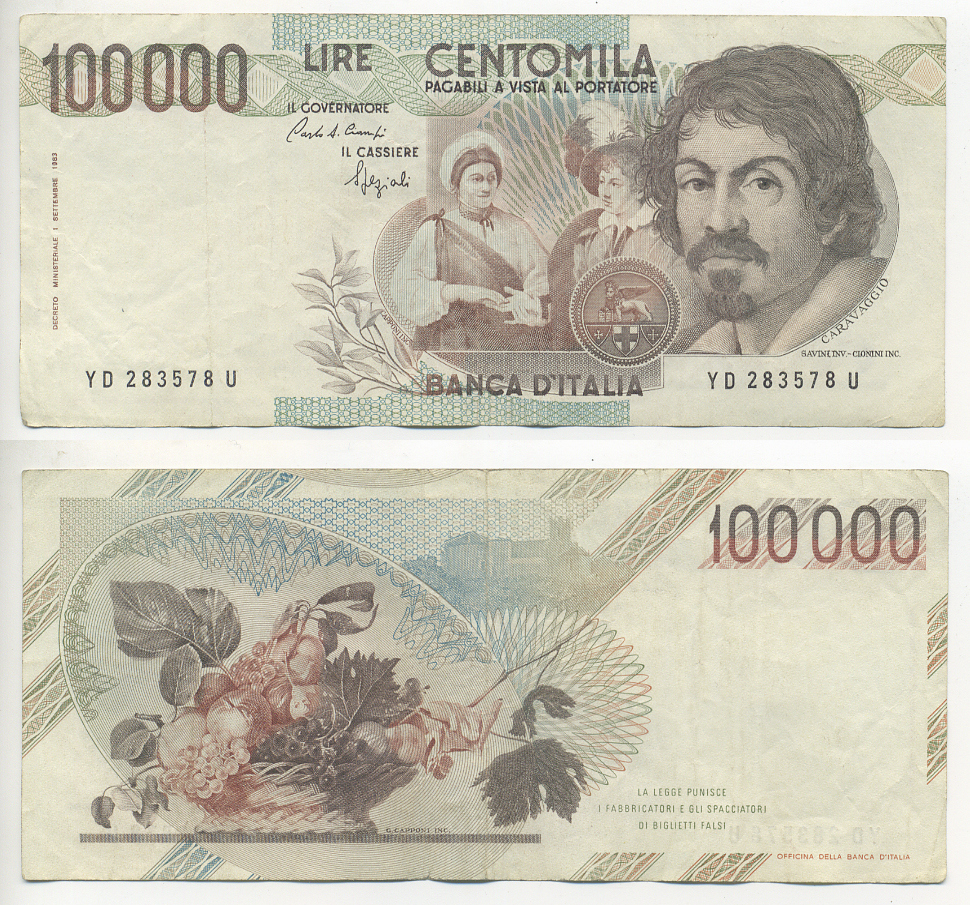Италия 100000 лир 1983 Караваджо, фруктовый букет, подпись Speziali Pick 110b бумага 7220-12-3