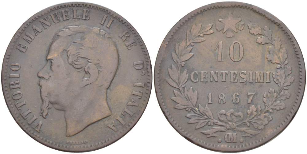 Италия 10 чентезимо 1867 OM, Виктор Эммануил II (1861-1878) KM 11.5 медь 4526-916