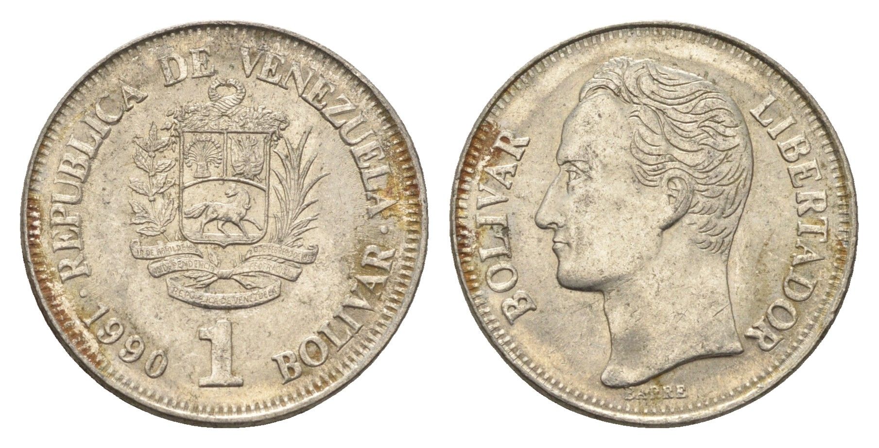 Венесуэла 1 боливар 1990 Симон Боливар Y 52a.2 сталь плакированная никелем 4662-915