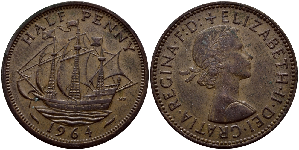 Великобритания 1/2 пенни 1964 Елизавета II (1952-2022) KM 896, Spink 4158 бронза 51-2447