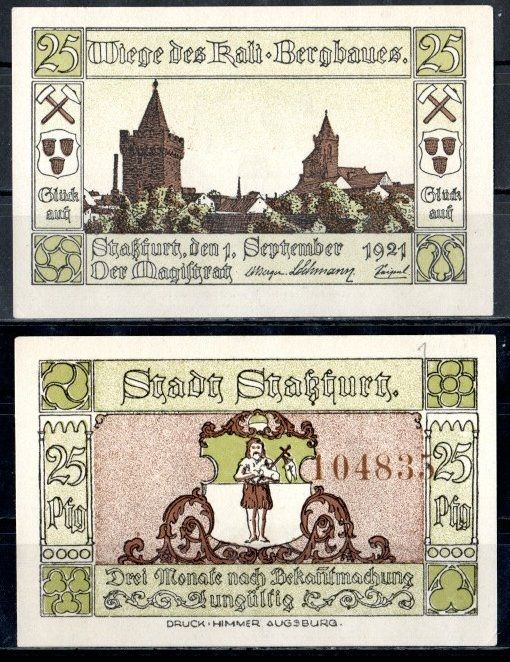 Штасфурт (Пруссия, Саксония) 25 пфеннигов 1921 Mehl Grabowski 1256.2c-4/6 бумага UNC (пресс) 7556-69-1-2