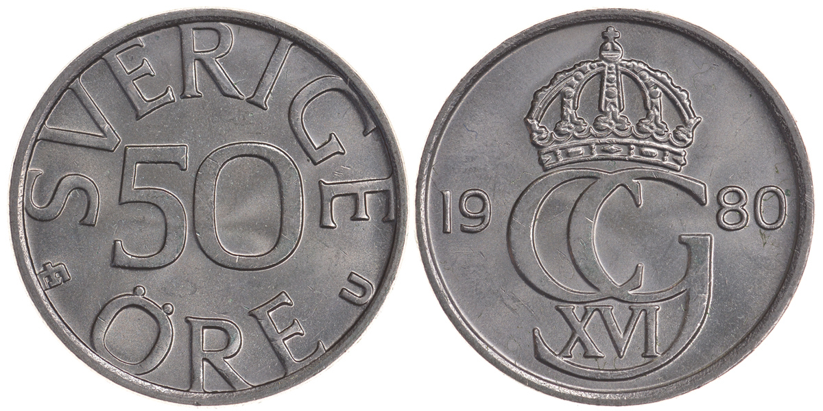 Швеция 50 эре 1980 U, Карл XVI Густав (1973- ) KM 855 медно-никель UNC 4364-1553