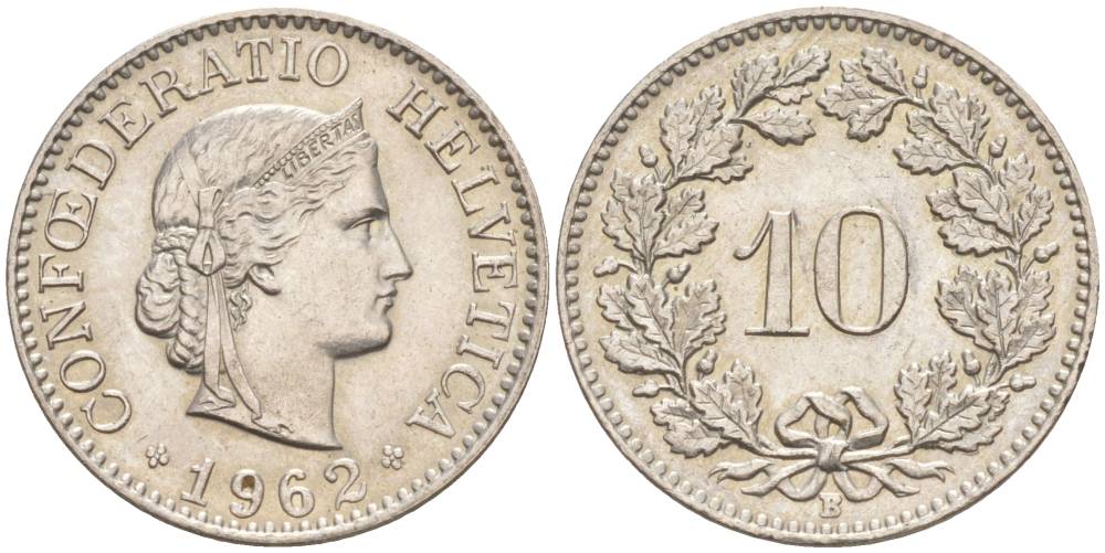 ШВЕЙЦАРИЯ 10 РАППЕНОВ 1962 В KM 27 медно-никель 55-327