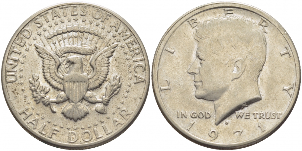 США 1/2 доллара (50 центов) 1971 D, Джон Кеннеди KM 202b медь плакированная медно-никелем 109-743