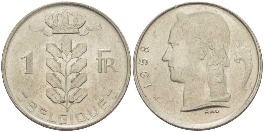 БЕЛЬГИЯ 1 ФРАНК 1958 BELGIQUE, БОДУЭН I (1951-1993) KM 142.1 медно-никель 3856-934